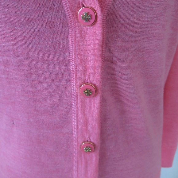 Heather Coral Pink Tory Burch Merino Cardigan, Gold Logo Buttons - Picture 3 of 11